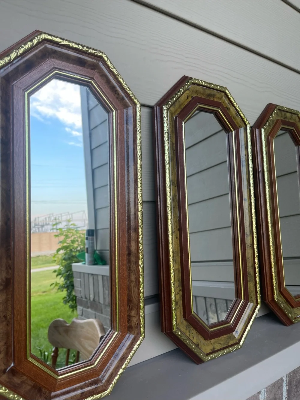 Octagonal Wood and Gold Trim Wall Mirror - Set of 3 18.5”-8” OBO